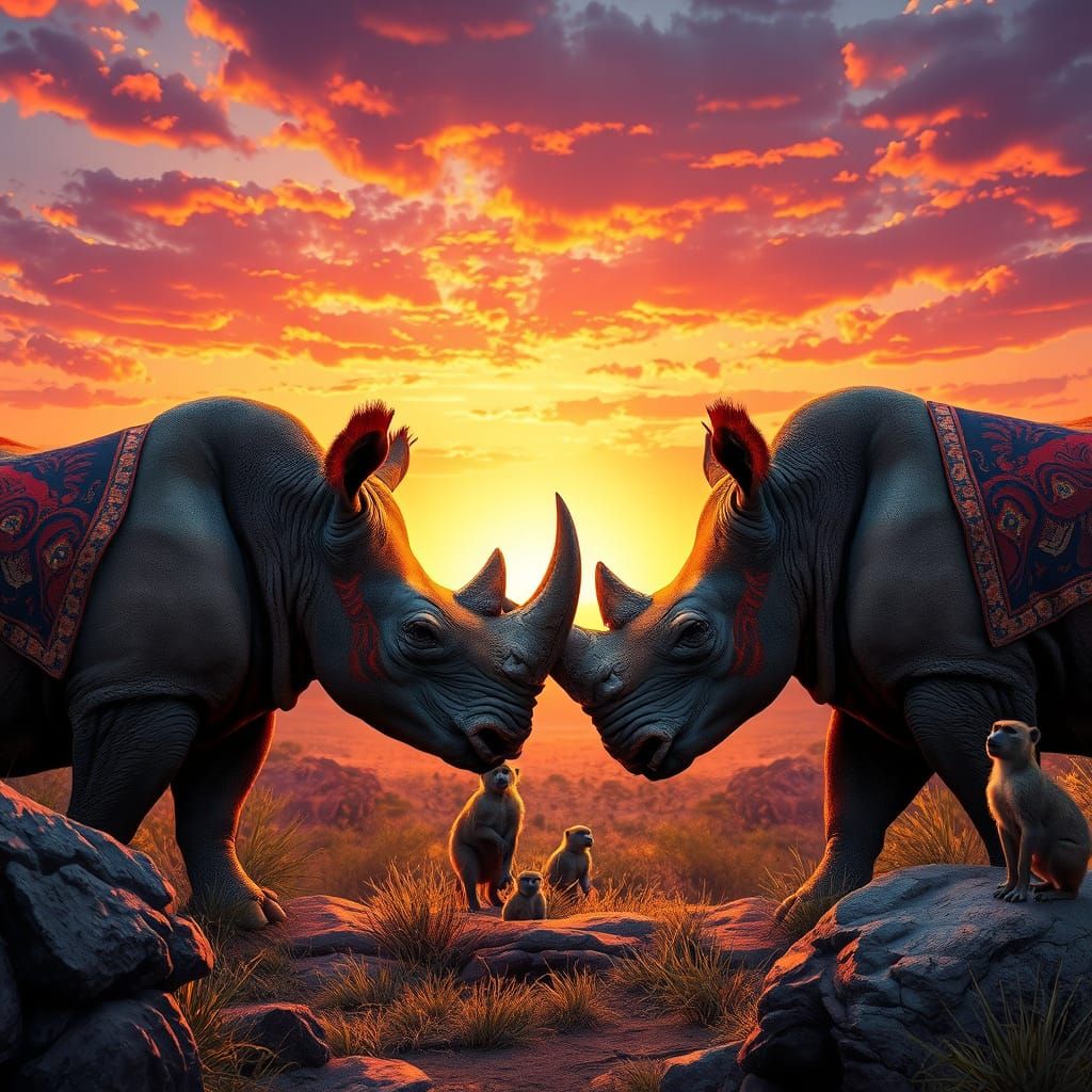 Rhinos Under African Sunset: Fantasy Concept Art