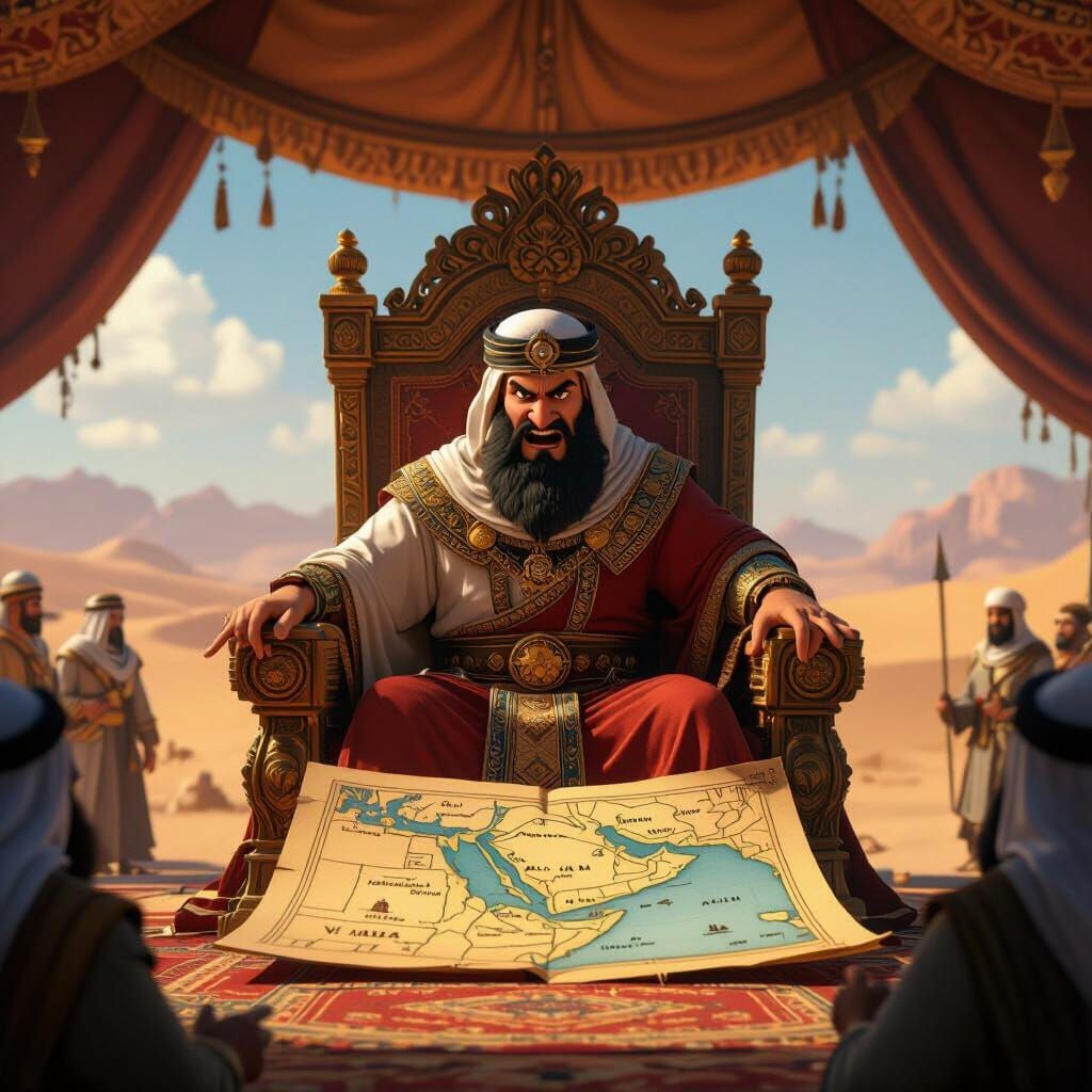 King Abrahah on Throne: 3D Cartoon, Middle Eastern Design