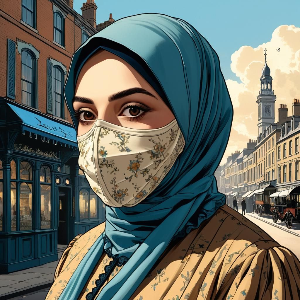 Victorian Hijabi Woman in Vintage Comic Art Style