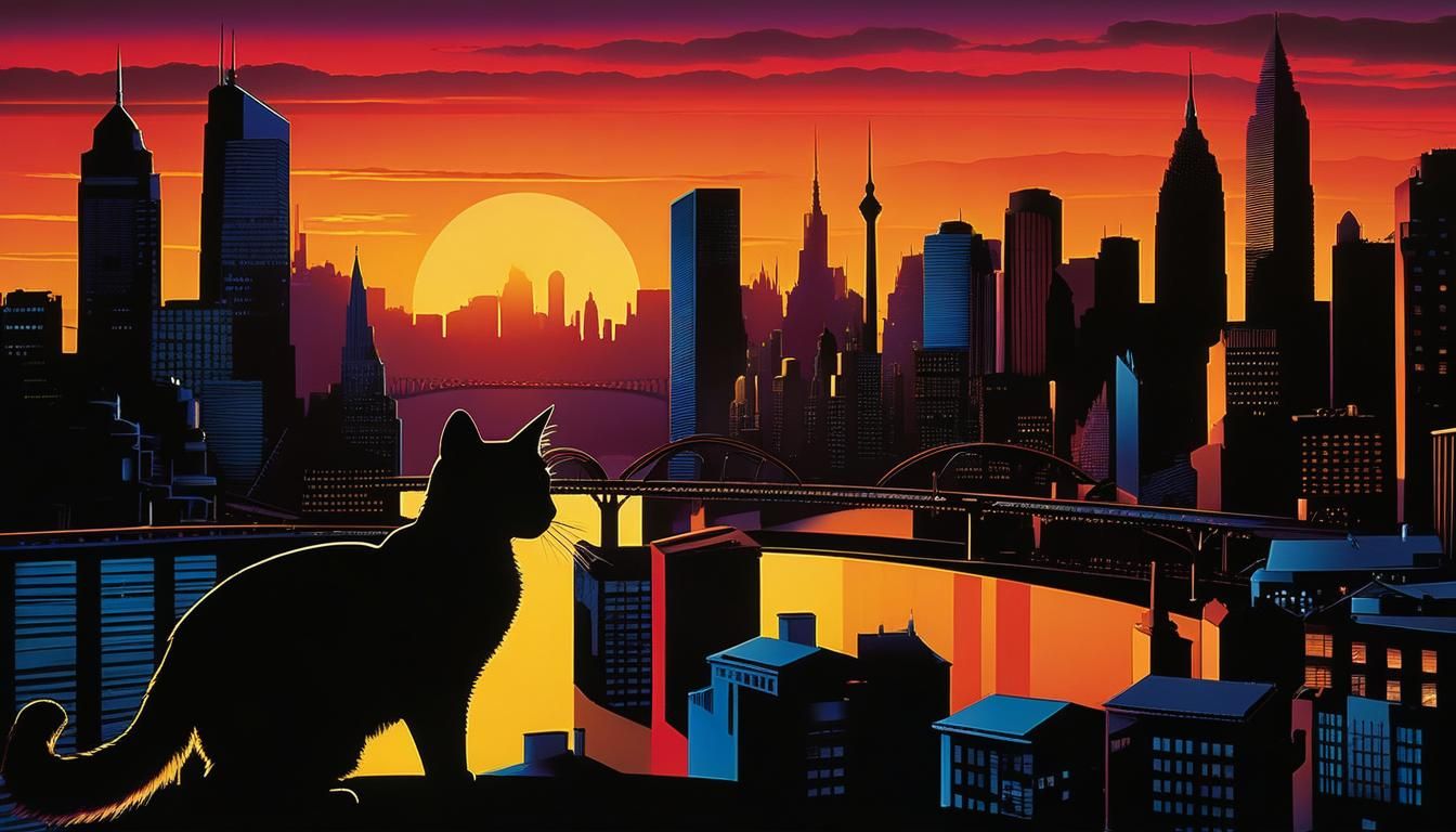 Black silhouette of a cat against a city skyline