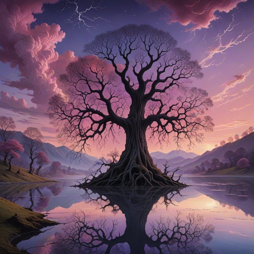 Surreal Elder Tree in Mystical Sunrise Lake Landscape