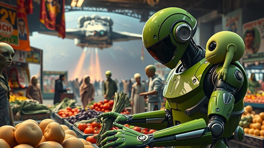 Photorealistic Robot Weighing Vegetables in Arab Market