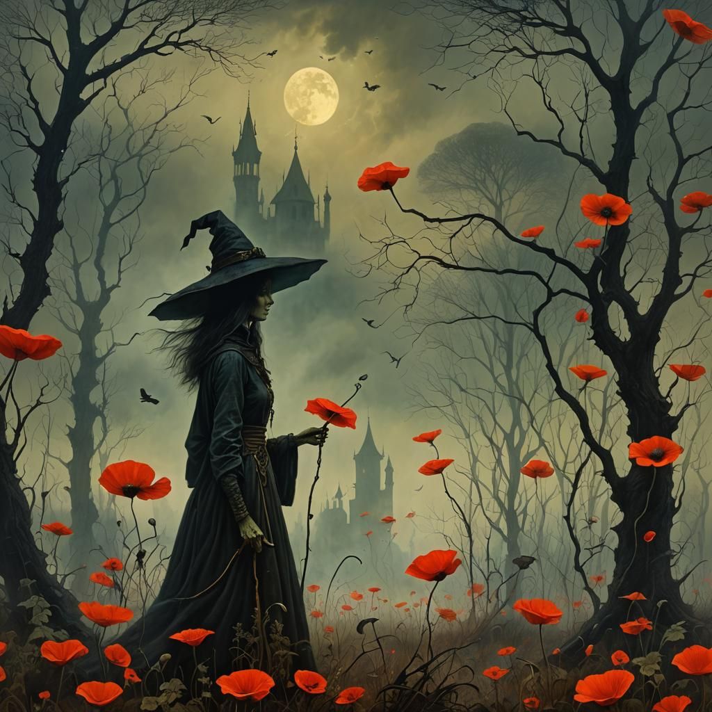 Witches on Brooms in Dark Surrealism Style