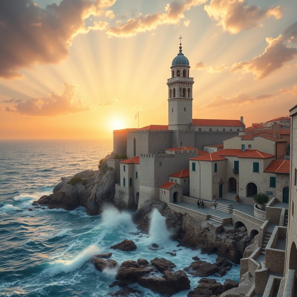 Medieval Walled City on the Adriatic Coast in Warm Golden Li...