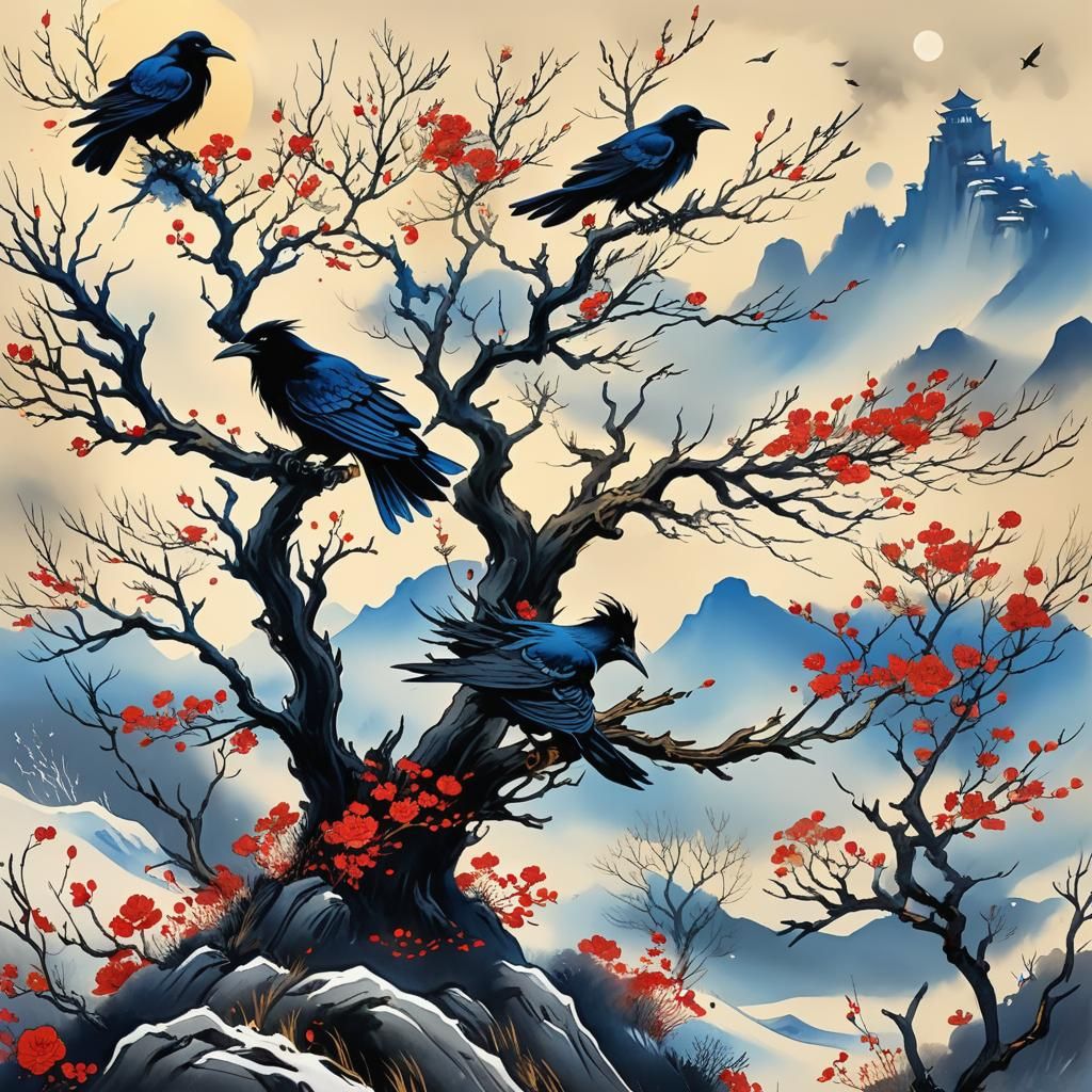 Witchcore Winter Scene in Chinese Ink Painting