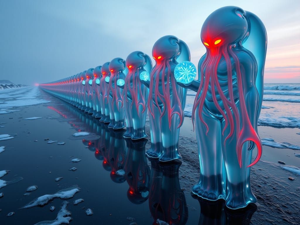 Arctic Cthulhu Snowmen on Frozen Beach