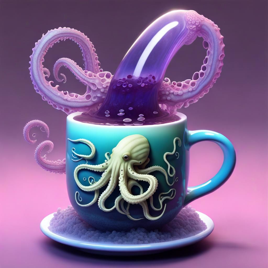 Steaming Mug Held by Massive Kraken: 3D Render