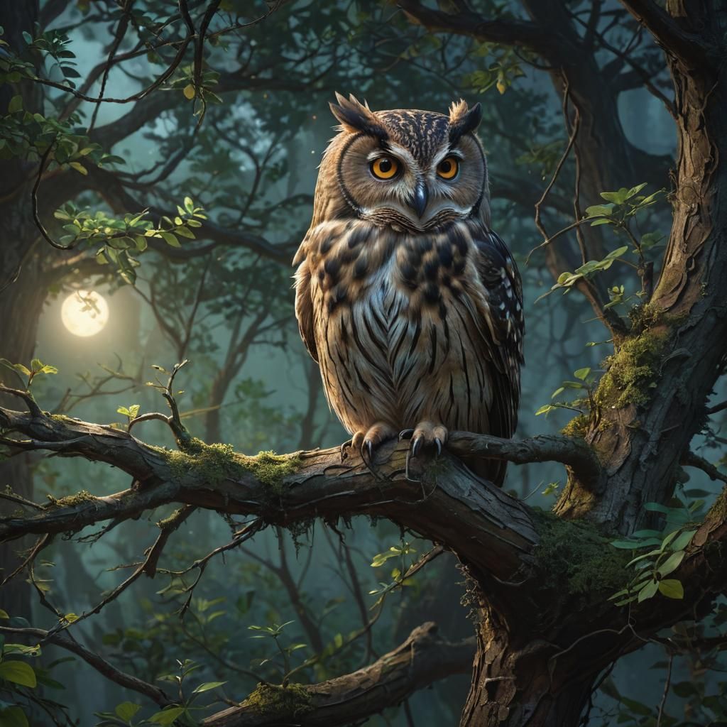 Owl in Moonlit Forest Digital Art