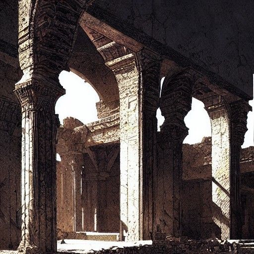 Sinister Desert Oasis Palace Ruins: Dark Fantasy Art
