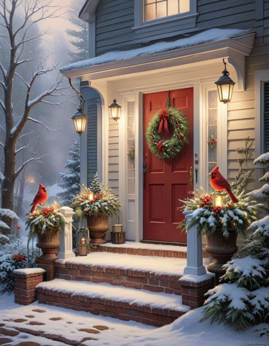 Ethereal Snow-Covered Porch with Luminaries and Wreath