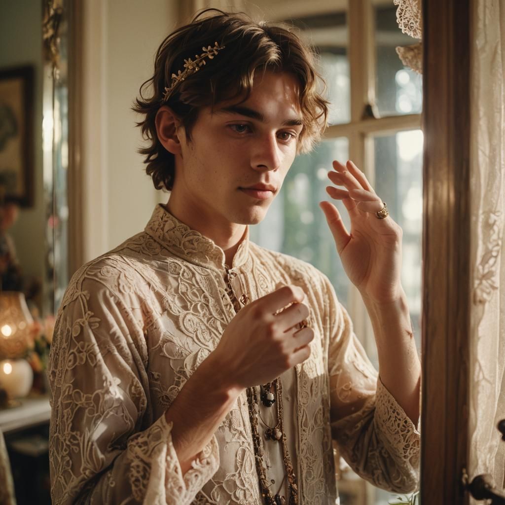 Cinematic Portrait: Boy in Hippie Dress Reflecting in Mirror