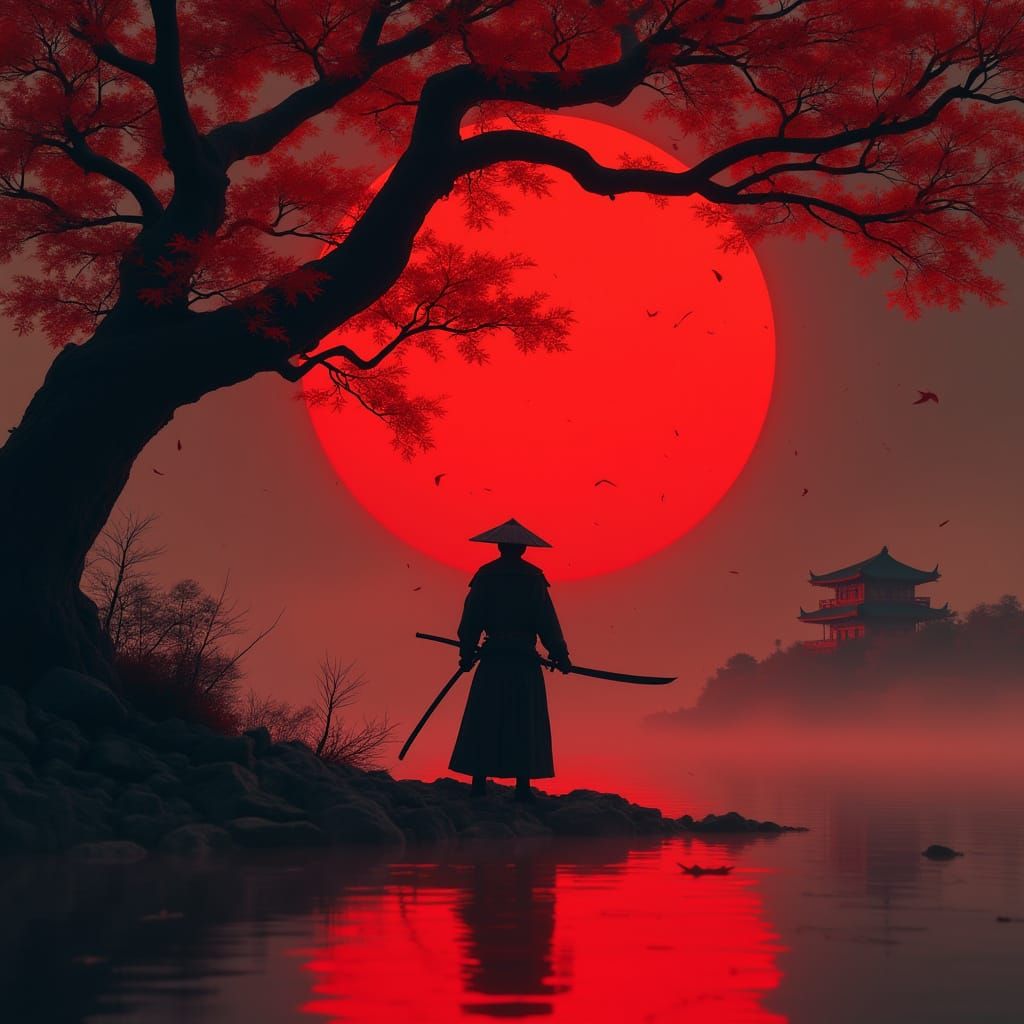 Samurai Warrior Silhouetted Against Crimson Moon