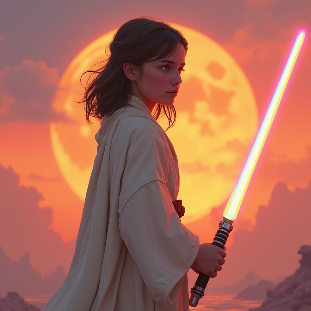 A Young Jedi Rebel Girl in a Vibrant Sunset Landscape