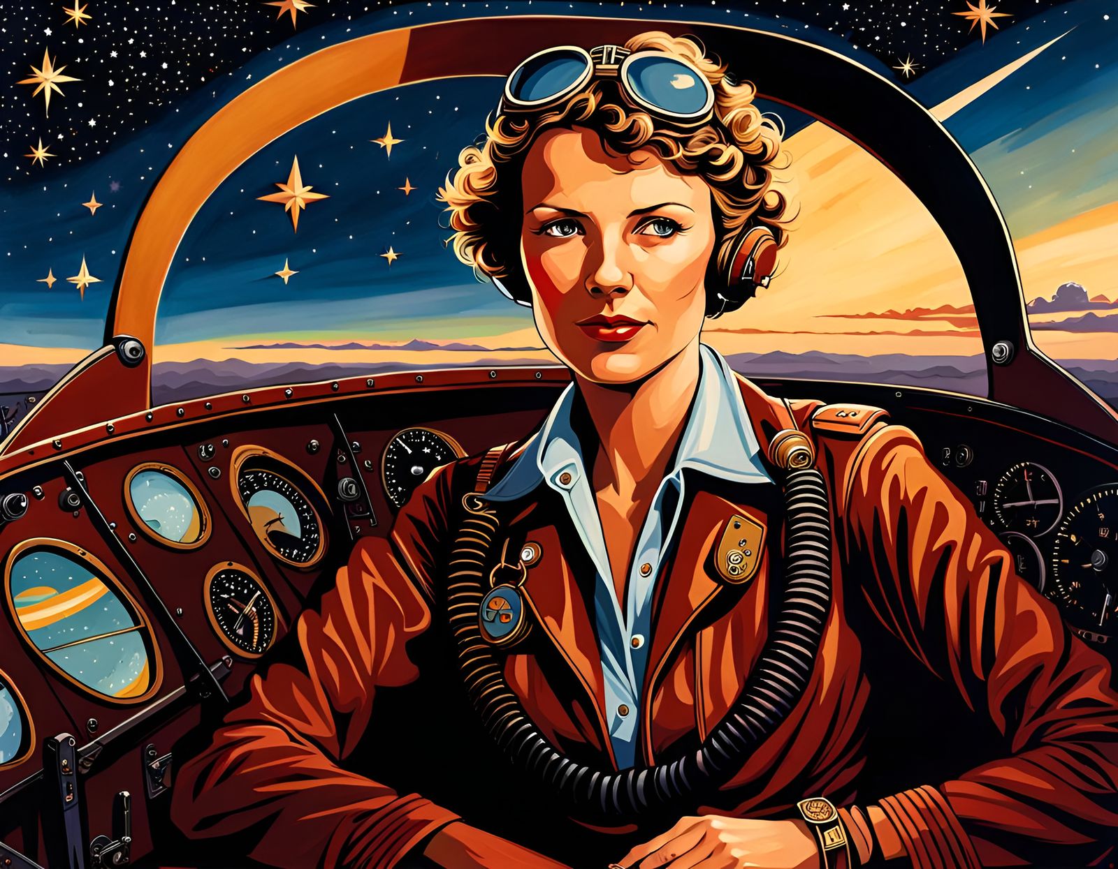 Moonlit Portrait of Amelia Earhart in Cockpit
