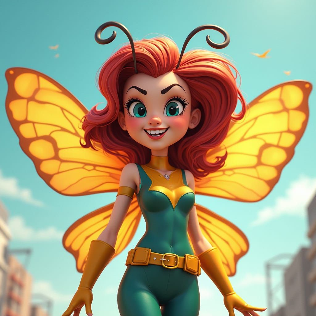 Confused Butterfly Superheroine in Cartoon Style