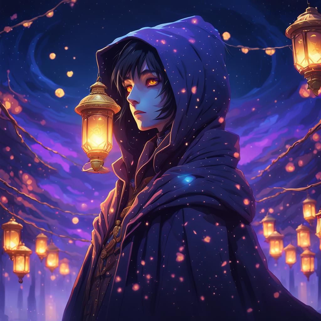 Anime Character in Coat Floating at Night