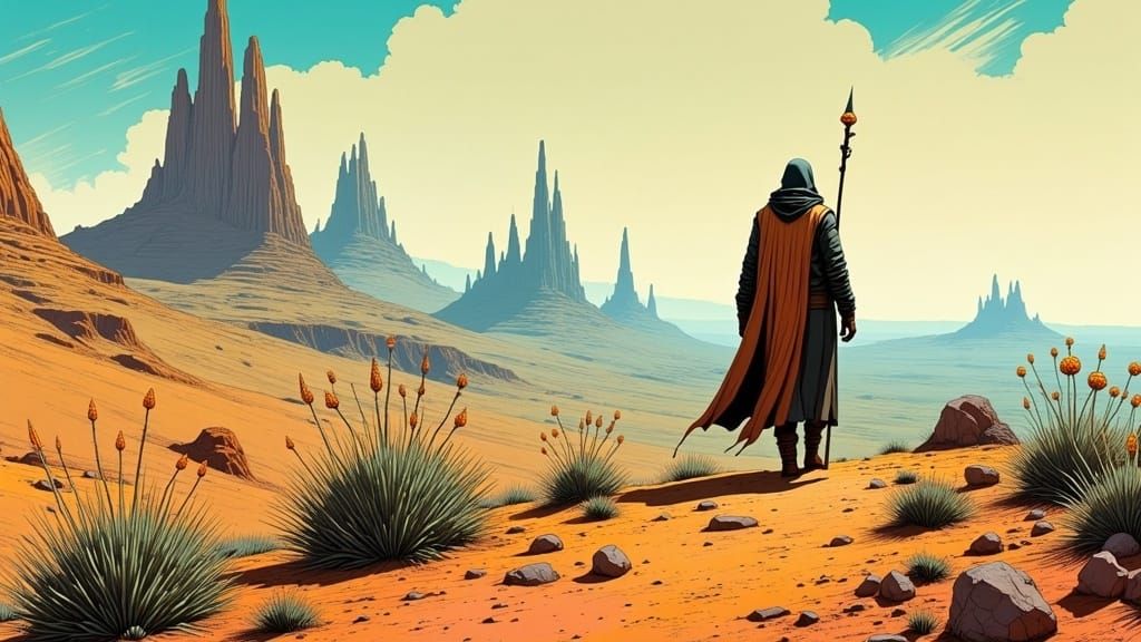 Desert Mesa City in Arthur Rackham Style