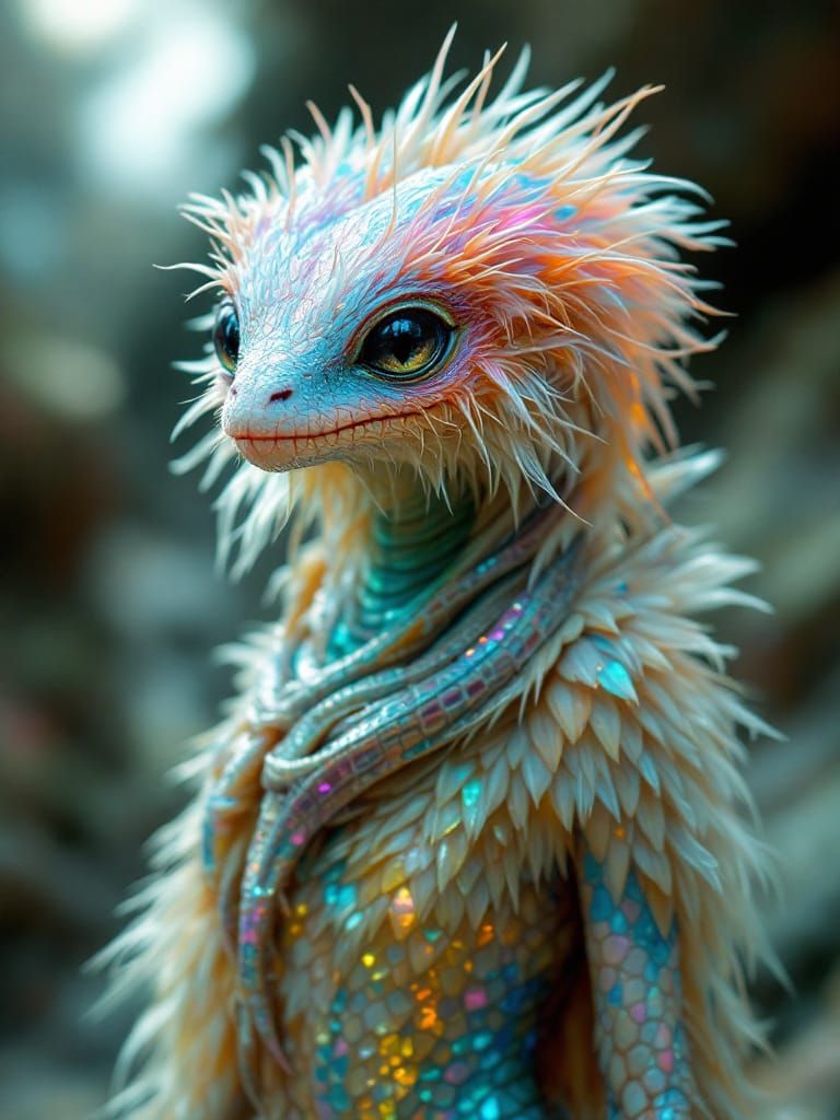 Iridescent Feathered Alien Serpent with Dexterous Arms