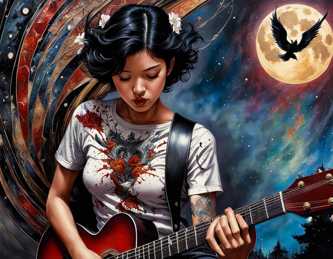 Fallen Angel Guitar Serenade: Vintage Comic Biopunk Art