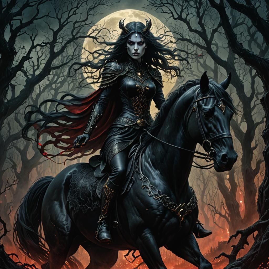 Demonic Woman on Horse in Dark Fantasy Art
