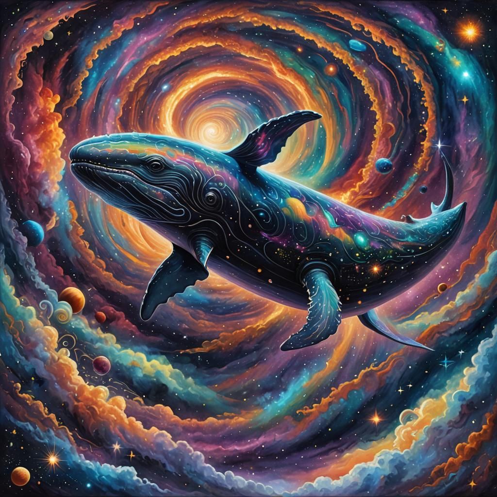Iridescent Space Whale in Galaxy, Holographic Illustration