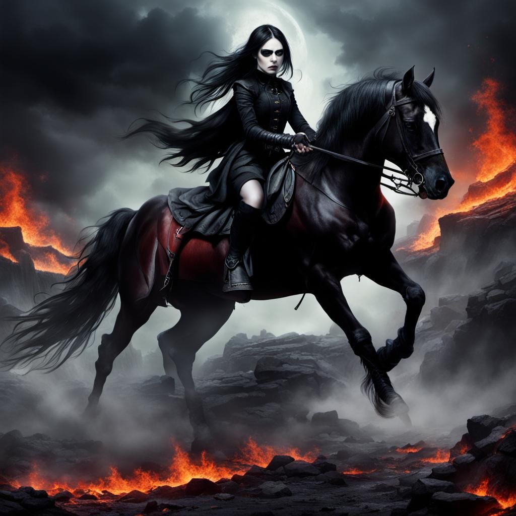 Goth Girl Riding Through Hellish Landscape in Dark Fantasy S...