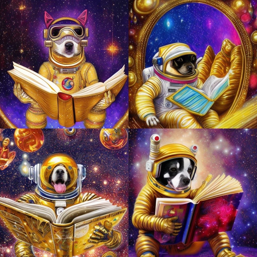 Astronaut Dog Reading: Glittering Fractal Art