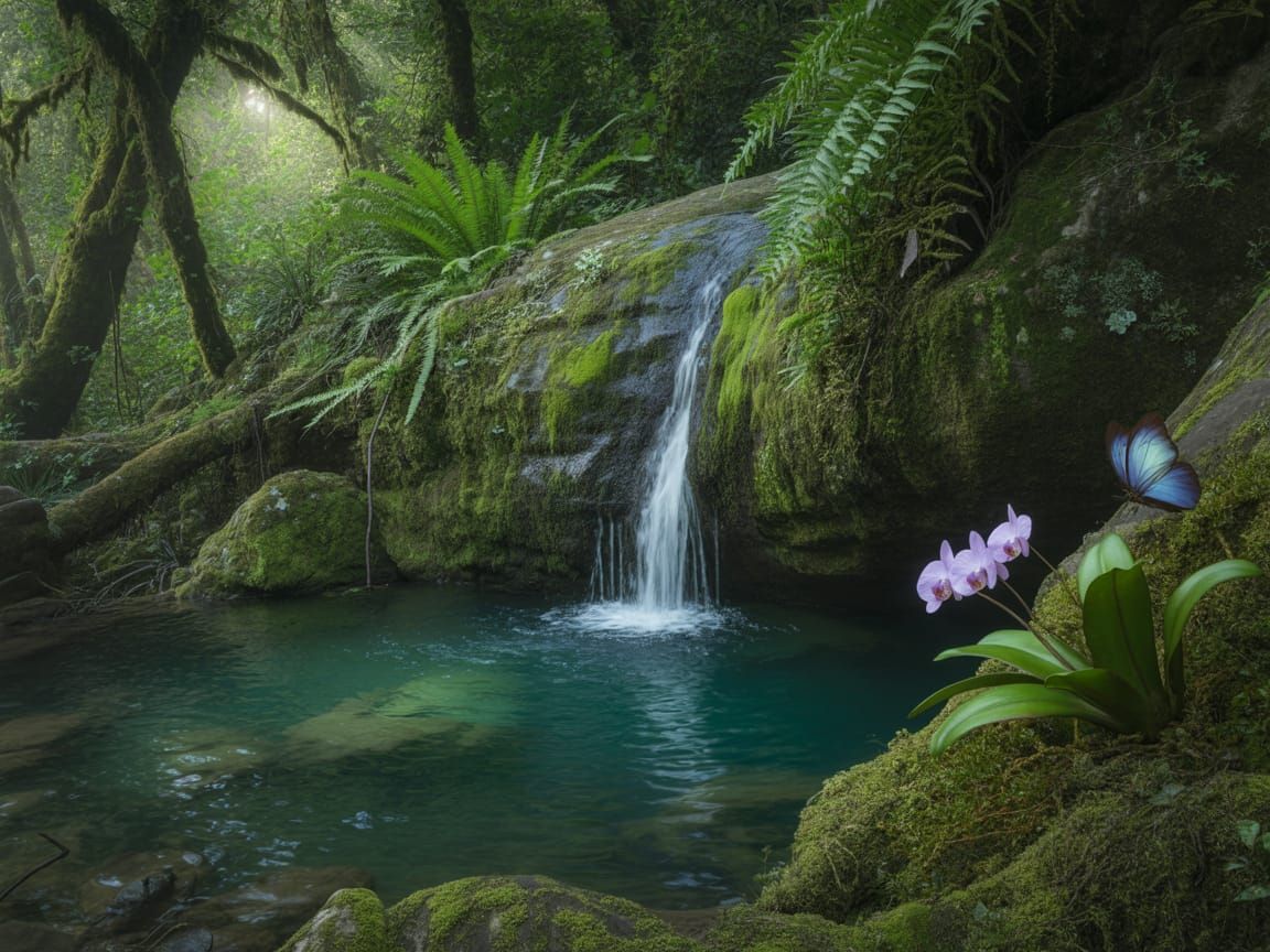 Lost in the whispers of the waterfall, a world untouched and...