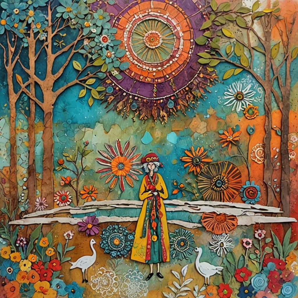 Bohemian Older Woman in Mixed Media Art