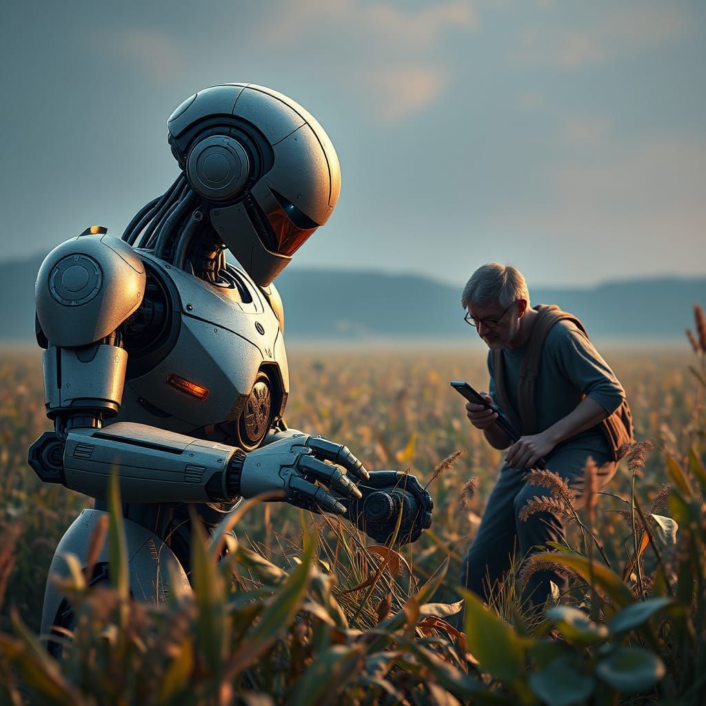 Futuristic Farmer: A Robot and Man Harvest Together in Vibra...