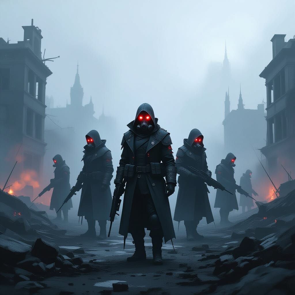 Futuristic Soldiers in a Foggy Dystopian City