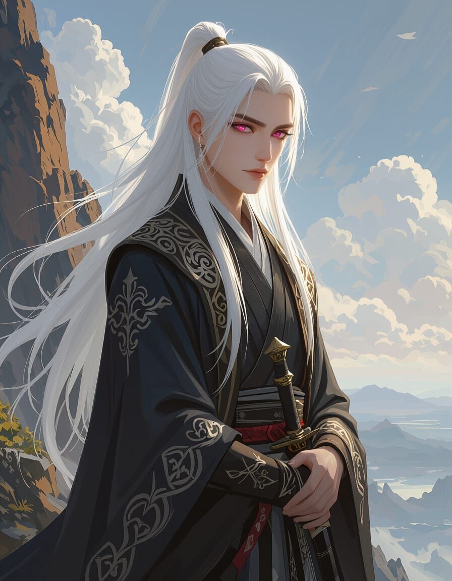 Handsome Warrior Contemplates Seascape on Windswept Cliff