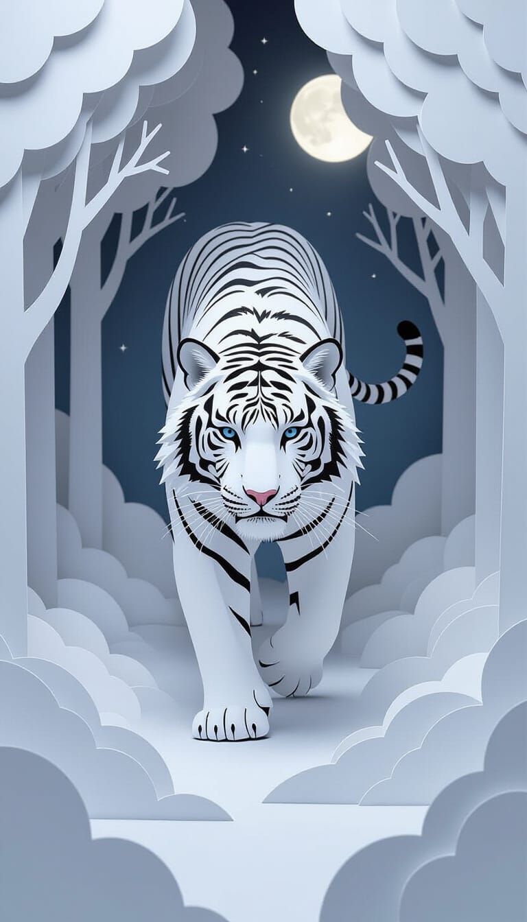 White Tiger in Layered Paper Forest Under Moonlight