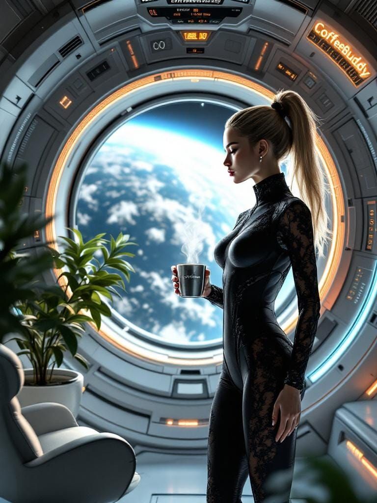 Sleek Figure in Orbital Lounge, Sci-Fi Realism