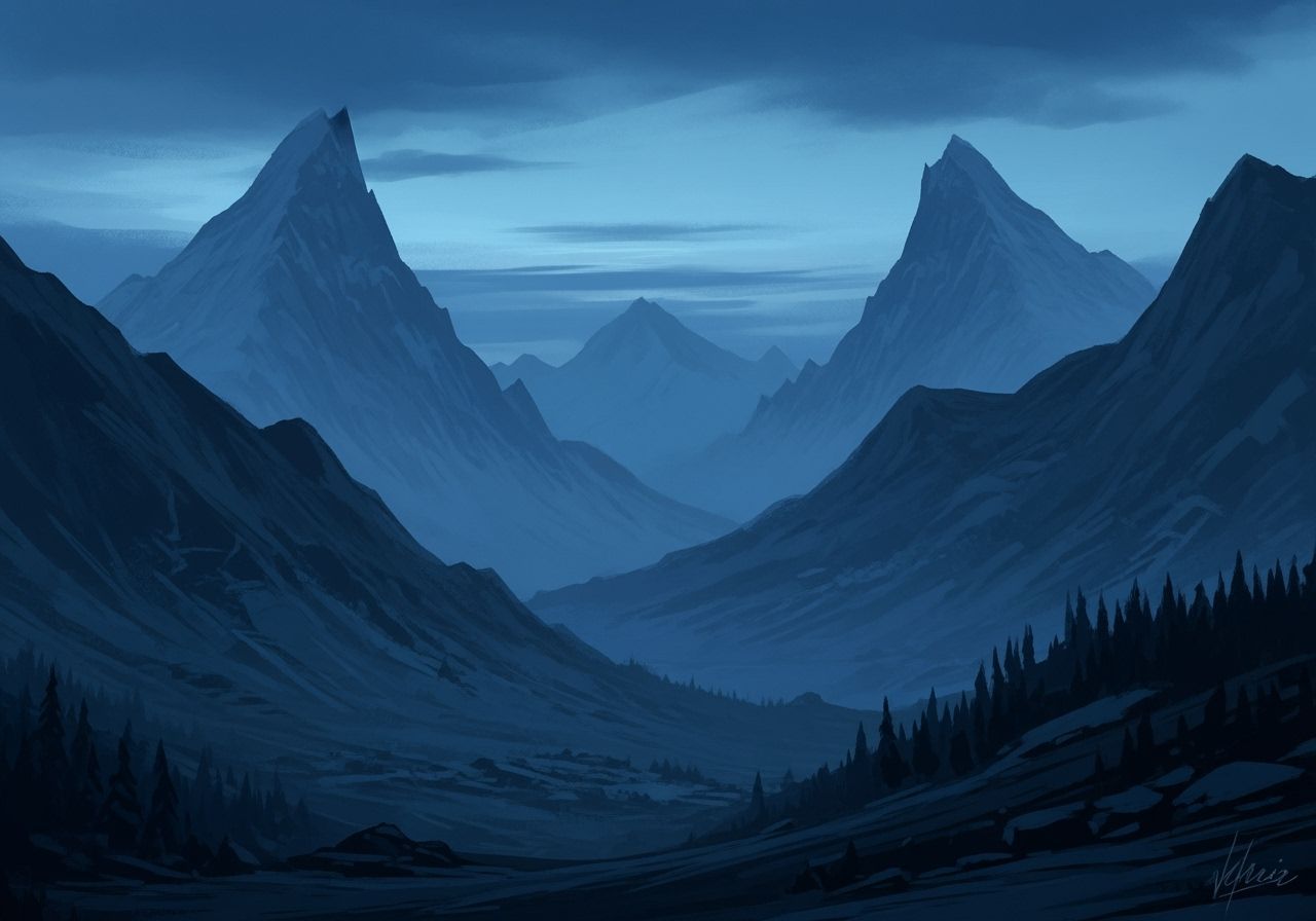 Ominous Snow Apocalypse Twilight Over Moody Mountains