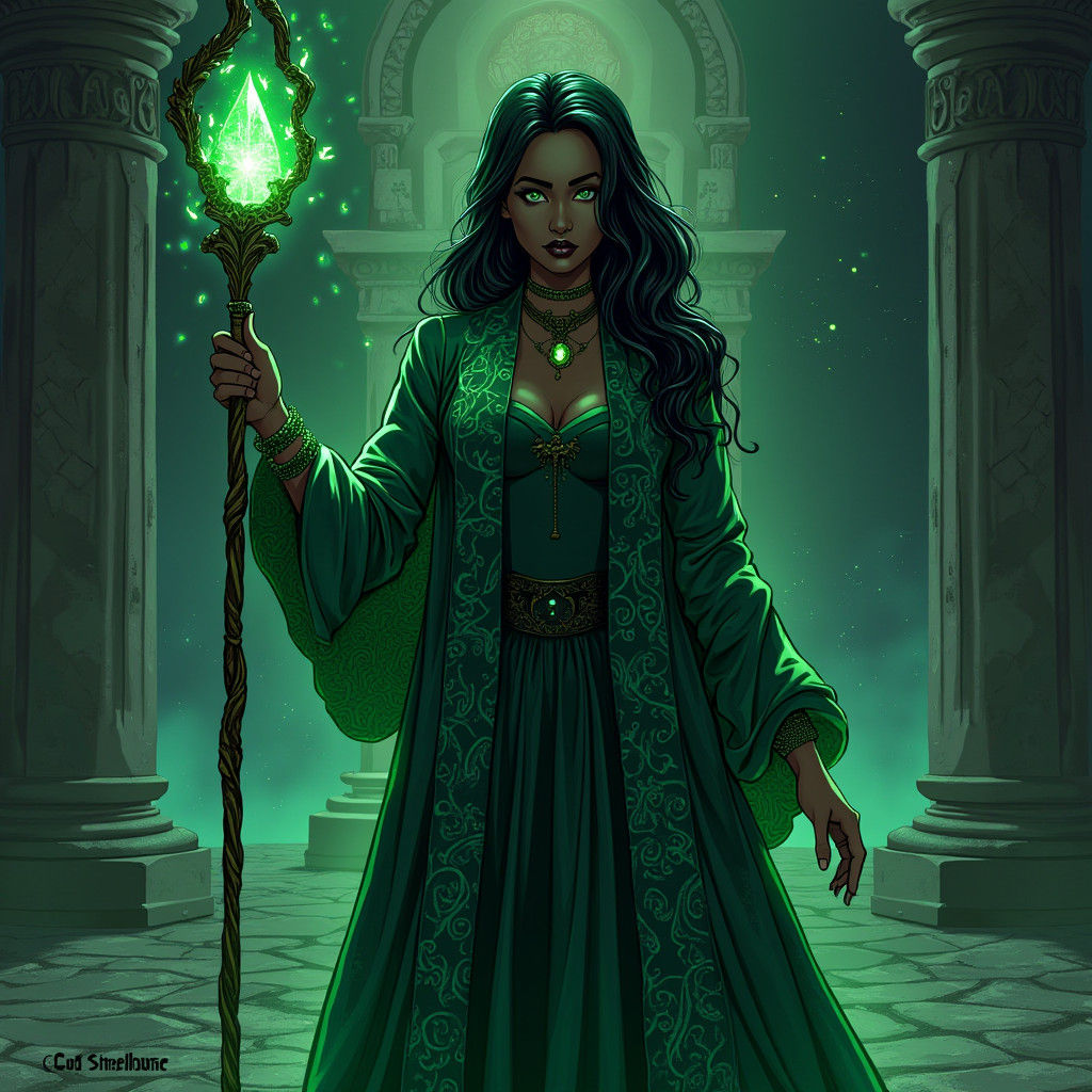 Mysterious Woman with Slytherin Statue in Anime Style