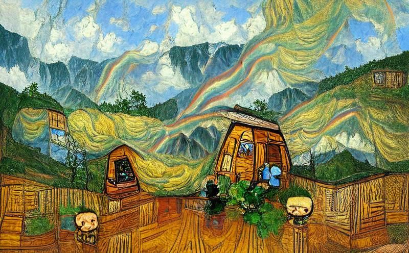 Cabin Under Rainbow in Post-Impressionist Style