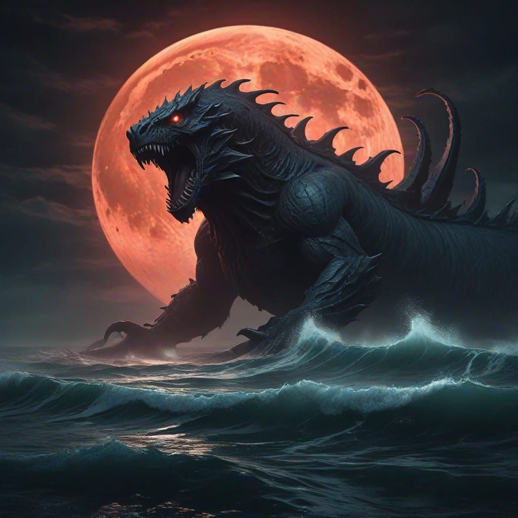 Cinematic Dark Fantasy Sea Monster Under Blood Moon