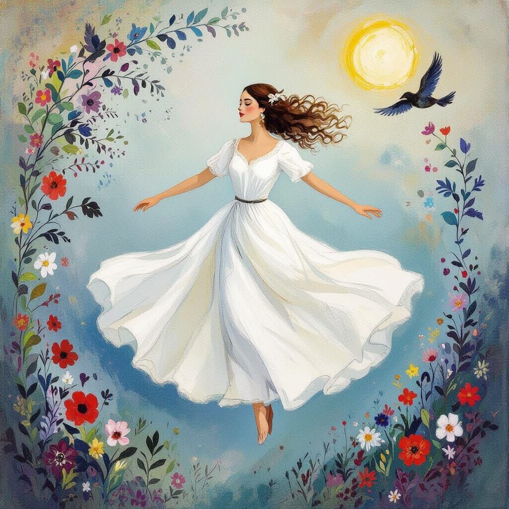 Woman Floats in Dreamlike Scene as Naive Art