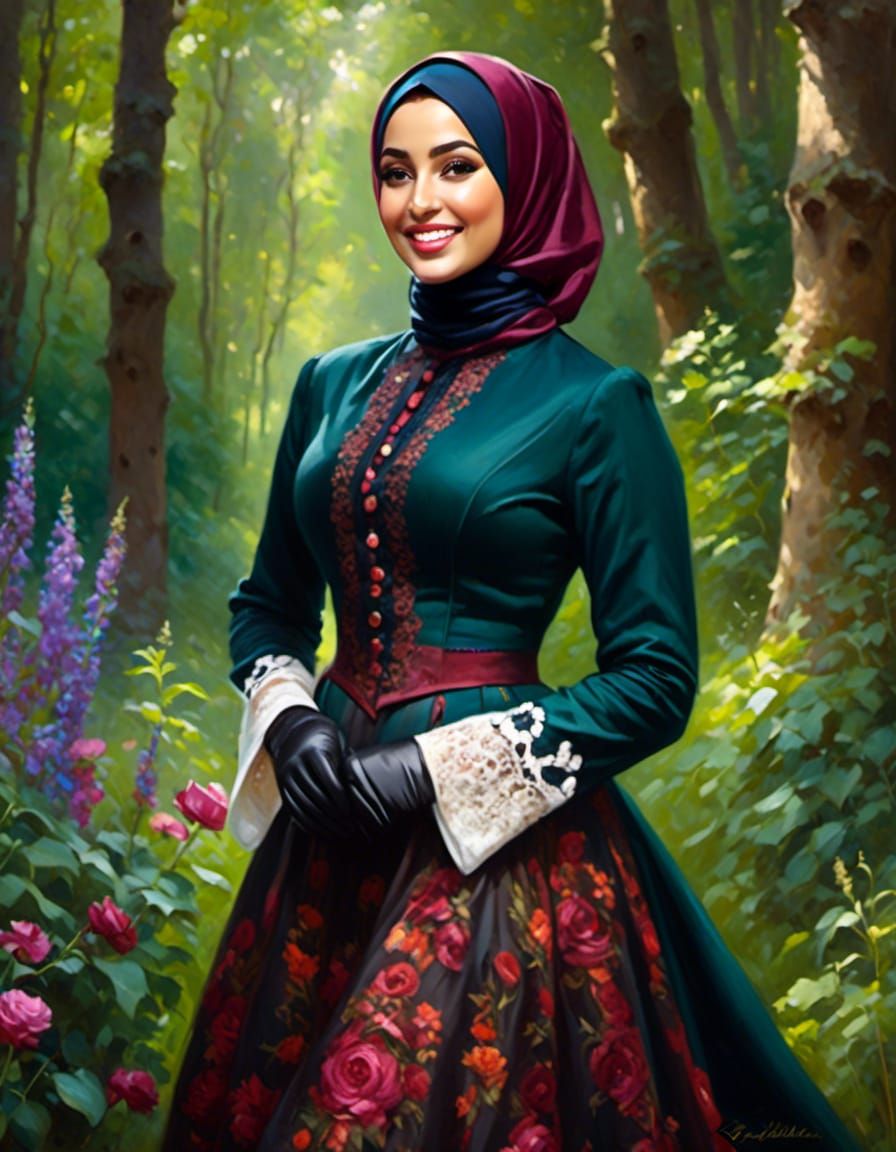 Victorian Hijabi Woman in Forest, Oil Painting
