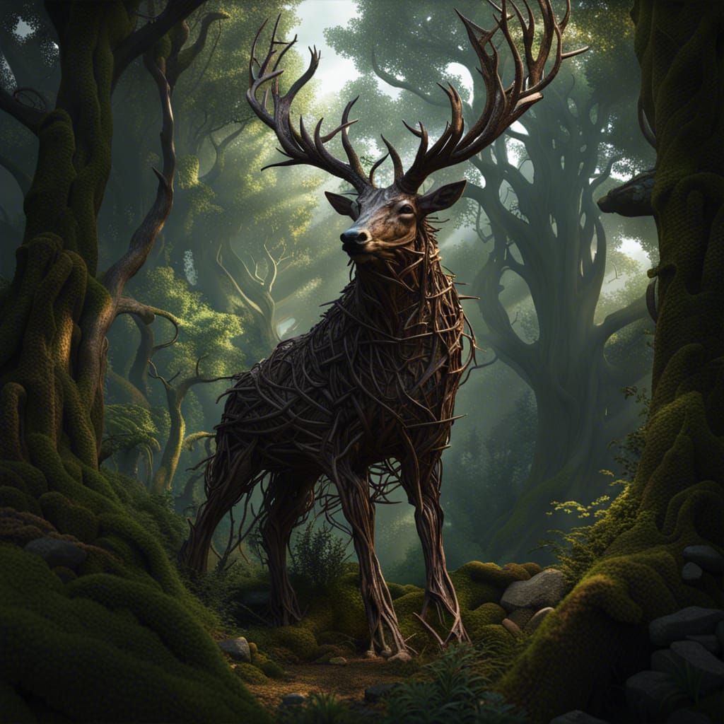 Colossal Tree Stag Forest Guardian in Dark Fantasy Art