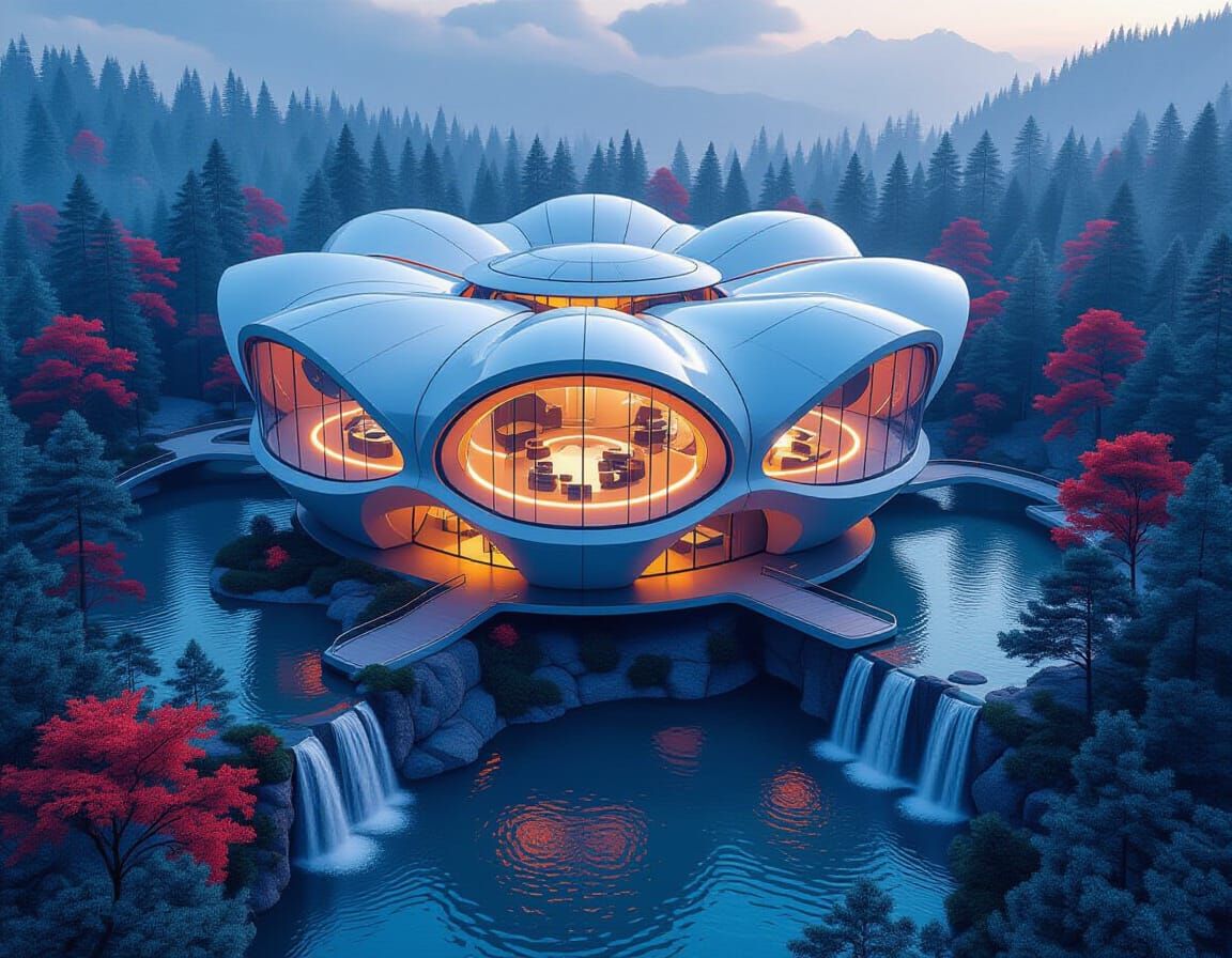 Futuristic Flower Building in Alien Forest, Synthwave Art