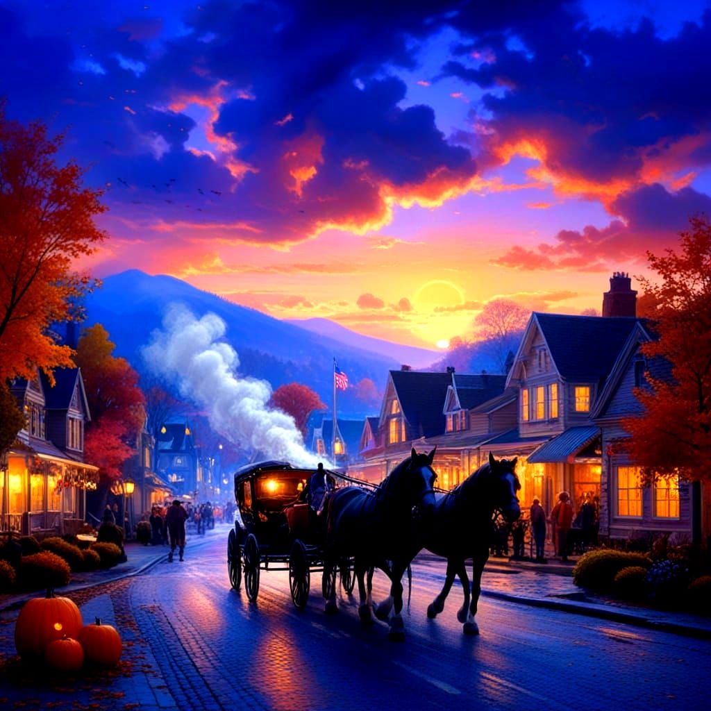 Horse Drawn Carriage in Autumn Town at Sunset