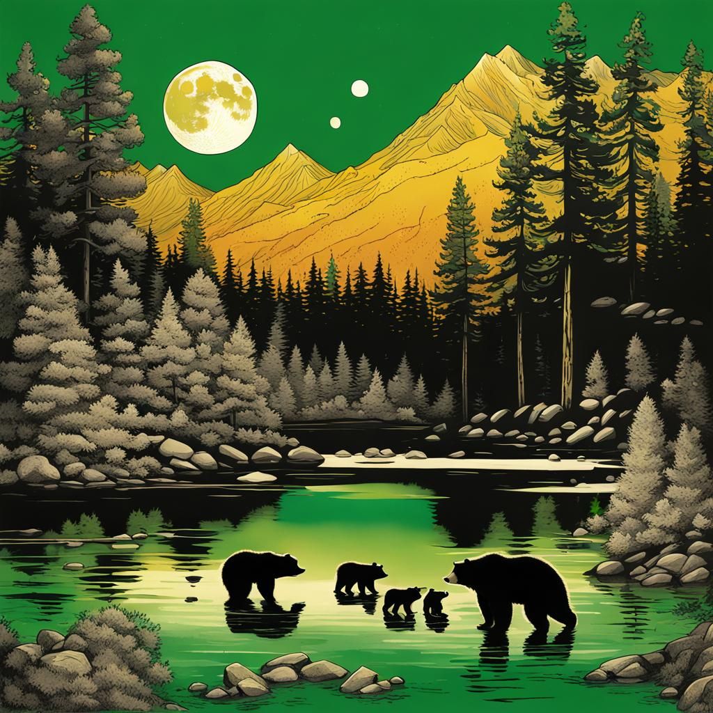 Black Bear Family at Lake Tahoe: Lithograph Print