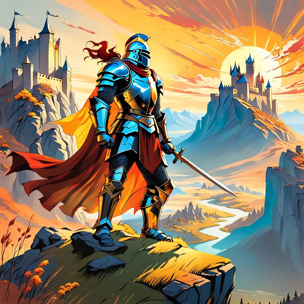 Knight in Shining Armor Overlooking Medieval Landscape