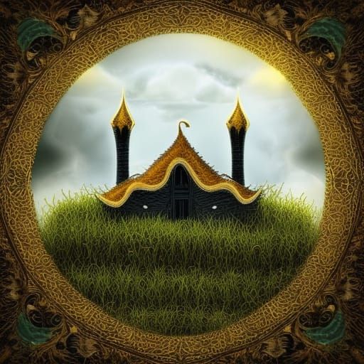 Fantastical Black House with Golden Grass