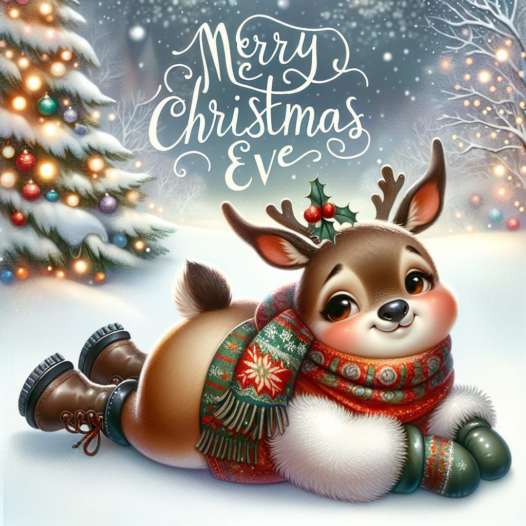 Jolly Pudgy Reindeer Making Snow Angel Under Christmas Tree