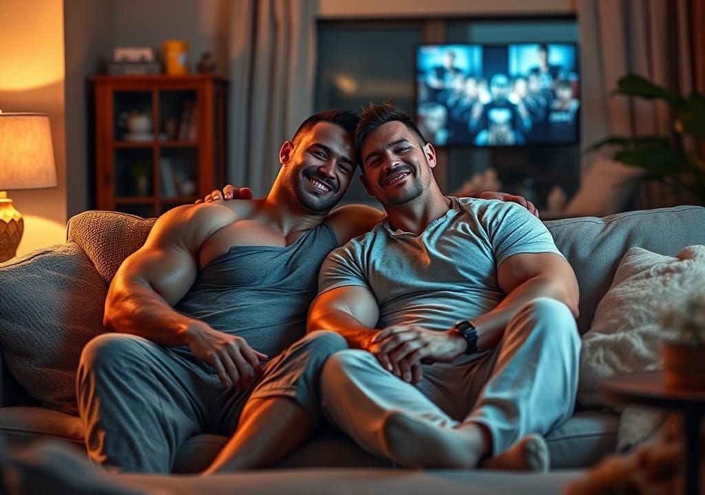 Bodybuilders Cuddling on a Couch in Cozy Sleepwear