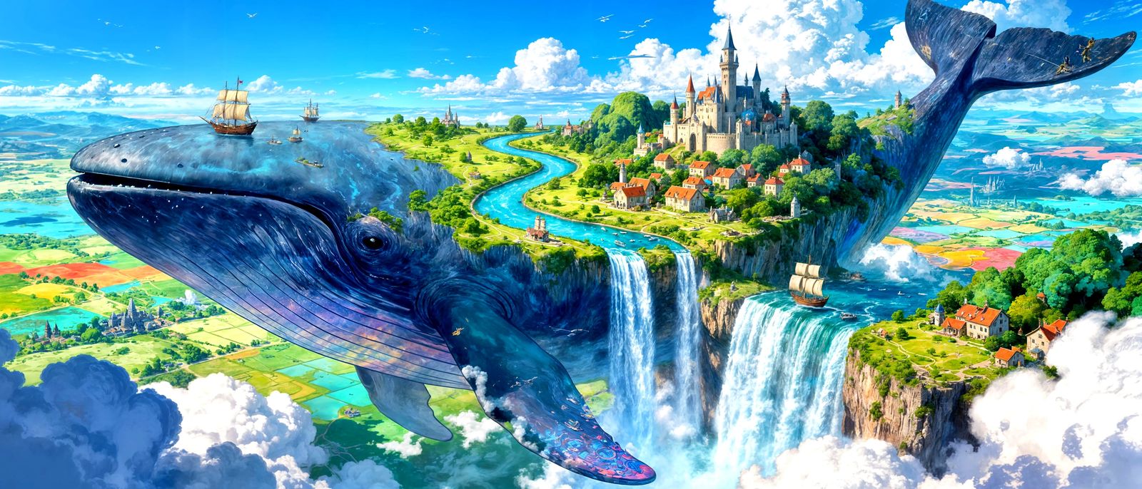 Anime Island on Flying Whale, Ghibli Landscape, Moebius Styl...