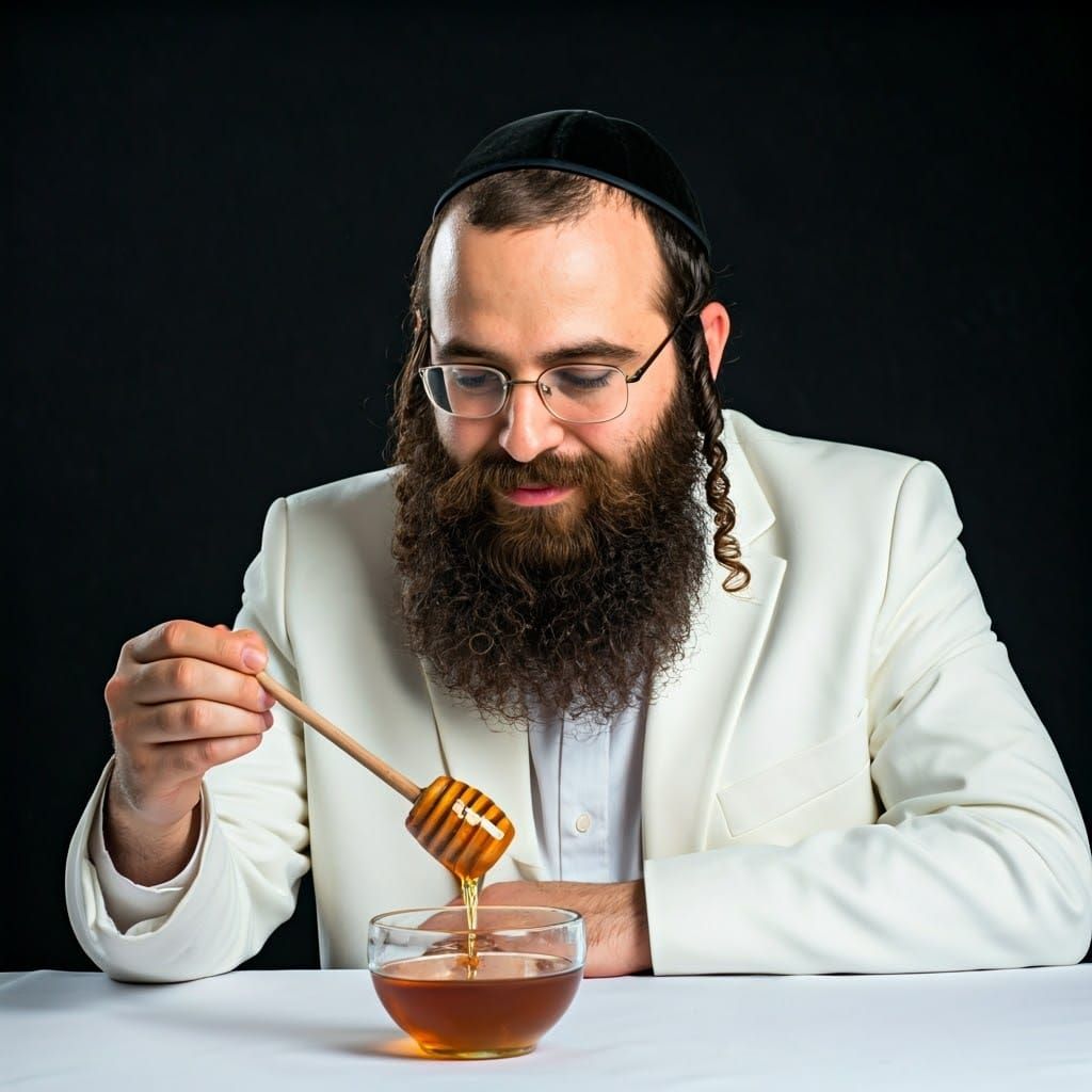 Orthodox Jew Dipping Apple in Honey: Portrait